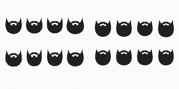 Collection of black beard silhouettes in various styles on a light background, representing male grooming and fashion.