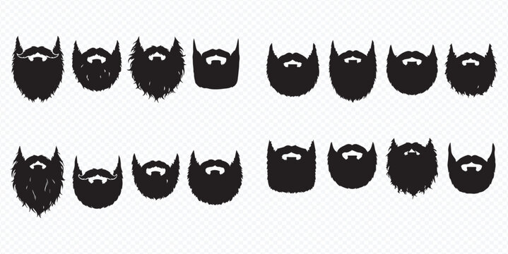 Collection of various beard styles and shapes for men, black silhouettes on a white background, representing different facial hair trends and grooming options.