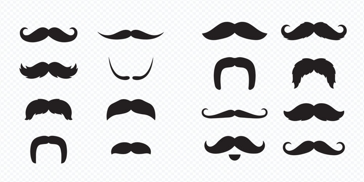 Collection of various black mustache styles, including vintage and modern designs, on a transparent background.