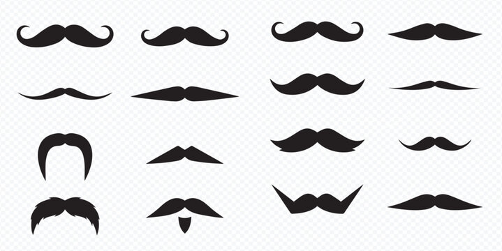 Collection of various black mustache styles, perfect for costume design and facial hair concepts.