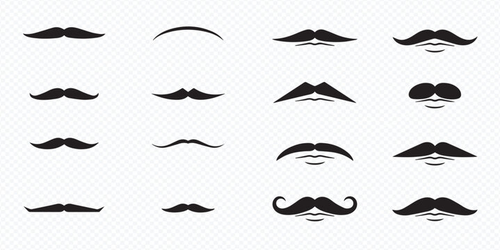 Set of various black mustache styles, including vintage and modern designs, on a transparent background.