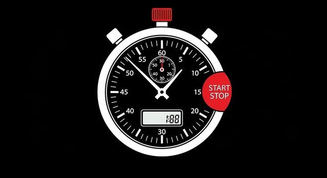 Analog and digital stopwatch illustration with red start stop button on black background, perfect for time management, sports, competition, and precision measurement concepts.