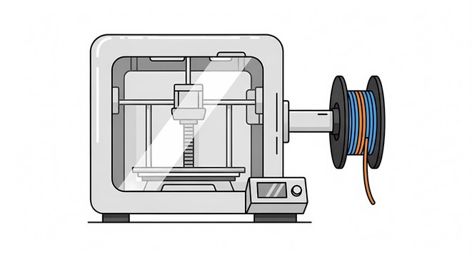3D printer machine illustration with filament spool on side, flat vector icon of additive manufacturing technology for rapid prototyping isolated on white background.