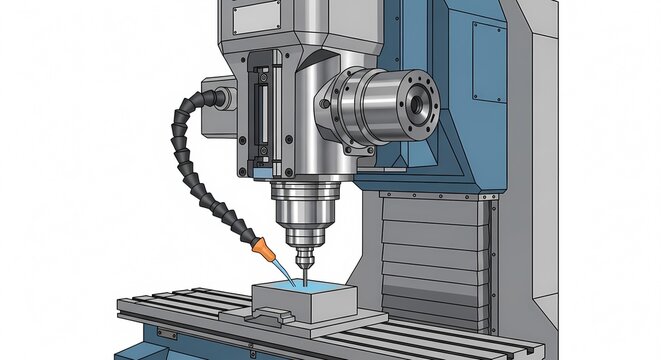 Industrial CNC milling machine 3D illustration showing vertical machining center drilling metal workpiece with coolant spray for precision manufacturing process automation.