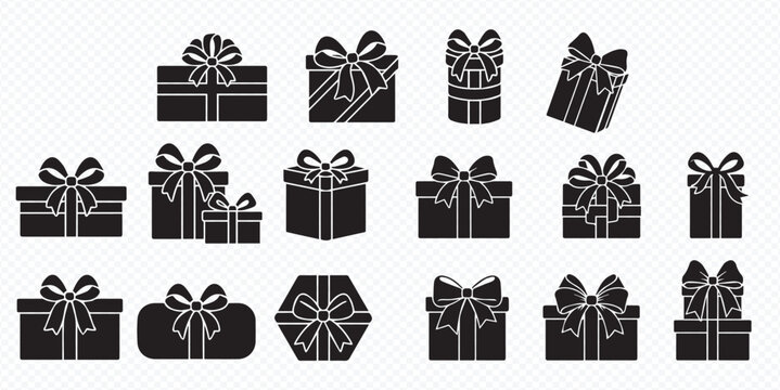 Collection of black silhouette gift boxes with bows, perfect for celebrations and special occasions.