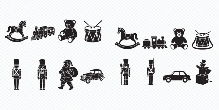 Set of Christmas and holiday toy icons including rocking horse, train, teddy bear, drum, nutcracker, Santa Claus, and car.