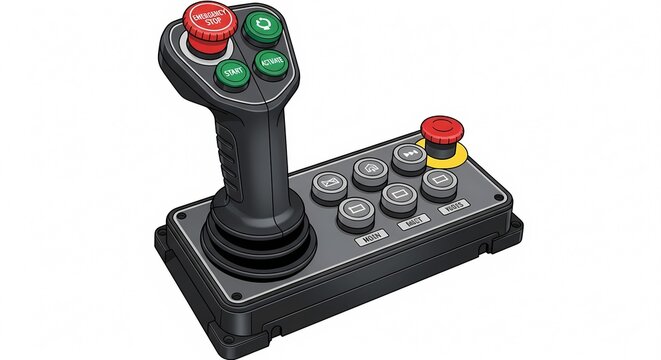 Industrial control joystick panel with emergency stop and start buttons for machinery automation and remote operation, professional technical equipment illustration.