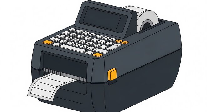 Industrial handheld label printer and barcode maker machine for logistics and warehouse inventory management, 2D vector illustration of an automated labeling device.