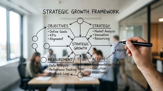 Business professional drawing a strategic growth framework diagram on a glass office wall.