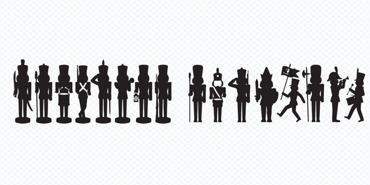 Collection of black silhouette nutcracker toy soldiers, marching band, and Christmas decorations.