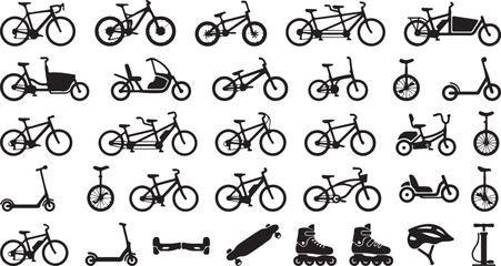 Collection of black silhouette representing various types of bicycles, scooters, skateboards, and cycling accessories on white background © Shammi