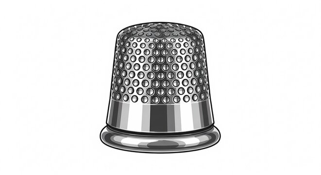 Metallic silver thimble for sewing and tailoring isolated on white background. Protective finger tool for professional needlework, embroidery, and handmade dressmaking crafts.