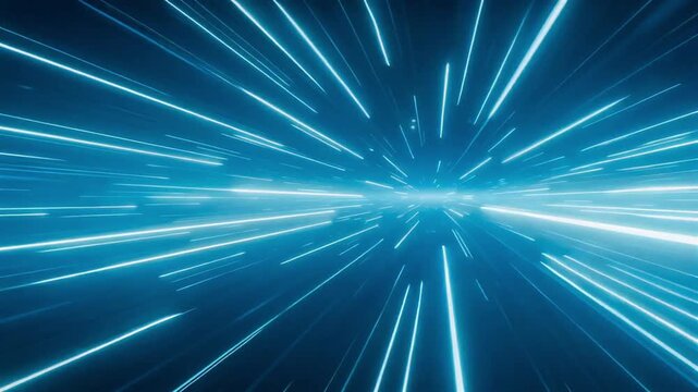Glowing blue light streaks rushing forward in an intense high speed space travel video animation effect