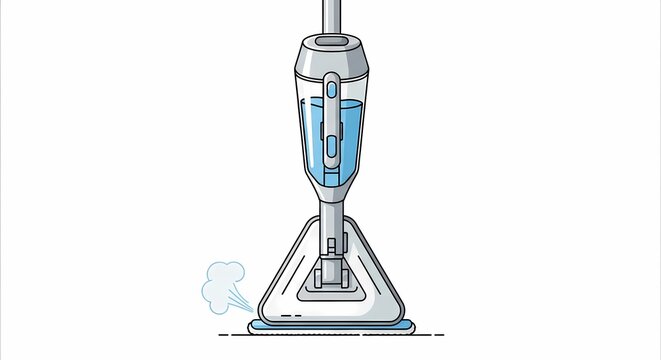 Modern Steam Mop Illustration for Home Sanitation and Deep Floor Cleaning Services, Electric Upright Cleaner with Water Tank and Triangular Head on White Background.