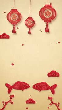 Red Chinese paper cut lanterns, carp and plum blossoms swaying on golden paper, Lunar New Year vertical background with copy space, seamless loop