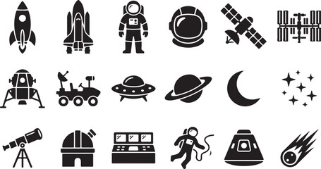 Space and astronomy collection featuring rockets, space shuttles, astronauts, planets, satellites, and telescope equipment in black © Shammi