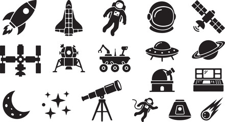 Space exploration and astronomy set featuring rockets, astronauts, planets, satellites, telescopes, and celestial bodies in black © Shammi