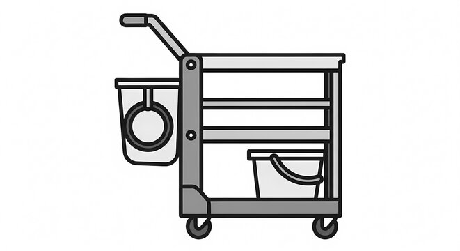 Professional janitorial cleaning trolley vector illustration with shelves and buckets, isolated on white for housekeeping and facility management services.