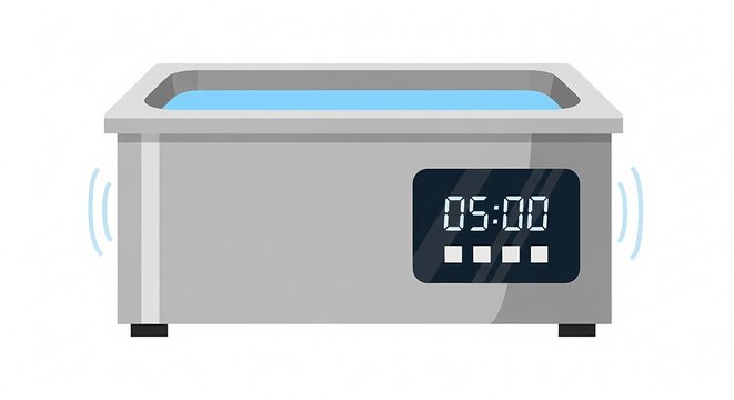 Professional ultrasonic cleaning machine with digital timer and water tank for medical tools or jewelry maintenance, vector illustration on white background.