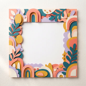 Colorful paper cut art frame background with abstract rainbow shapes and foliage elements
