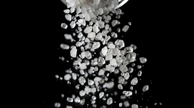 Coarse white sea salt crystals falling and scattering against black background   
JPG