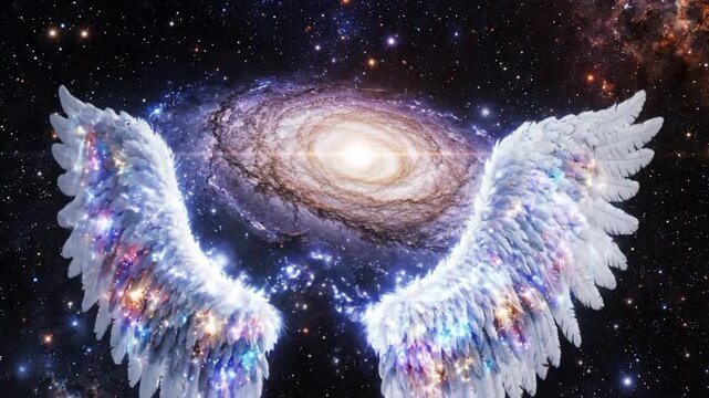 Angels wings in space with a spinning galaxy behind them in bright colors