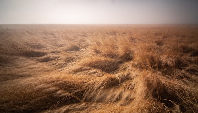 Swaying large patch of wind-swept tall dry grasses and tussocks covering flat grassland, hazy sky