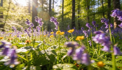 Fototapeta premium Showing cluster of purple bell-shaped wildflowers glittering on forest floor, with dew and sunbeams