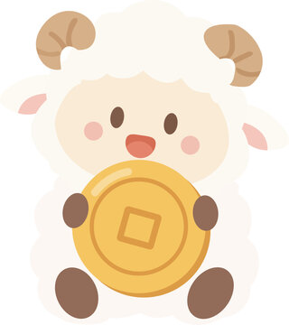 Cute Chinese New Year Sheep Mascot Holding Gold Coin