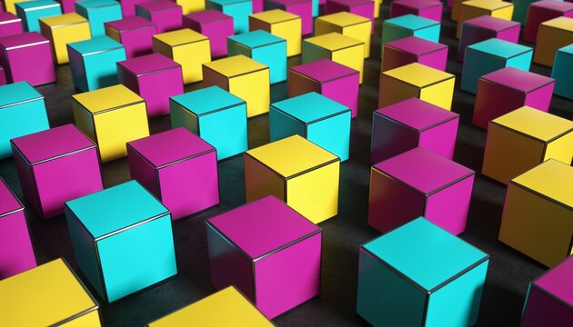 Displaying grid of cyan magenta yellow cubes receding on dark tabletop with soft shadows