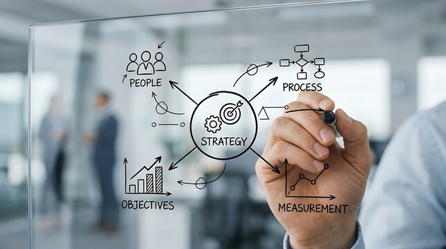 Business professional drawing a strategic business development plan on a clear glass board in a modern office.