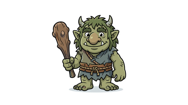 Cartoon green troll character holding wooden club vector illustration