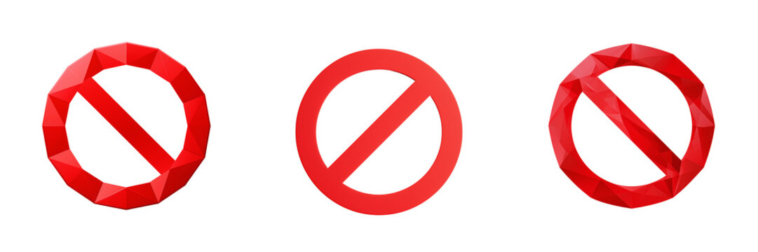 Set of A dimensional red circular prohibition icon with a bold white center and diagonal slash, sleek contemporary appearance, realistic highlights on transparent png background. Ai generated