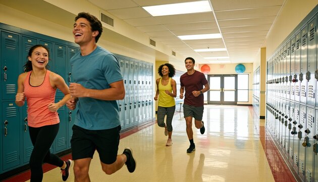 Running four student runners moving down school hallway wearing athletic clothes, with teal lockers