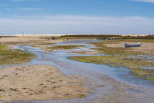 View of the tidal flats and shallow channels with green algae and a small boat resting on the sand in Tavira, Faro District, Portugal.