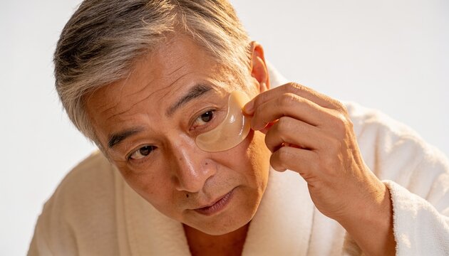 Applying older Asian man in white robe holding gel under-eye patch with right hand at-home bathroom