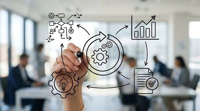 Business professional drawing a circular process workflow diagram on a transparent glass board in office.