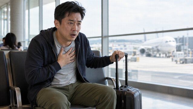 Traveler having a panic attack in an airport terminal before a flight, touching his chest beside a suitcase, concept of travel anxiety, fear of flying and emotional distress
