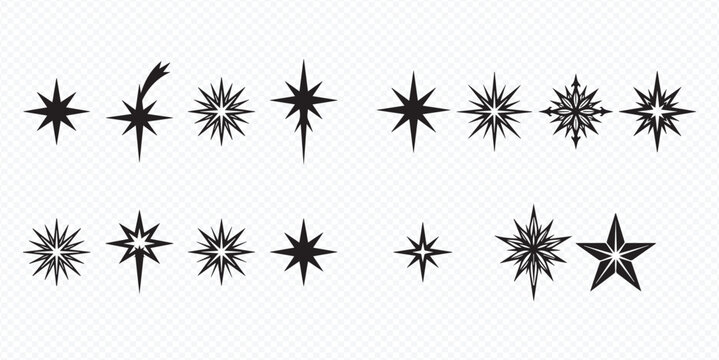 Set of various black star and sparkle icons on transparent background, vector illustration of glowing light effects and celestial bodies.
