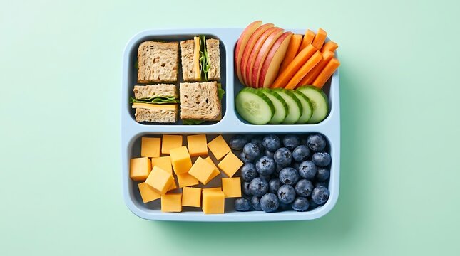 Healthy lunch box with fresh sandwiches and vegetables and fruits for a balanced diet and nutrition
 packed lunch ideas