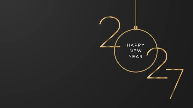 Happy New Year 2027 gold numbers typography animation. Thin golden line numbers with hanging ornament frame on dark background video footage.