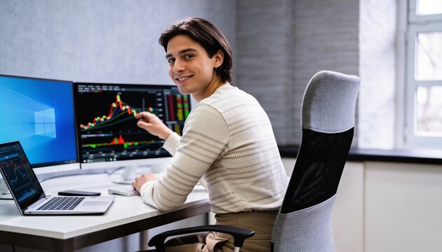 Pointing seated male monitoring trading charts at office desk, wearing ribbed sweater