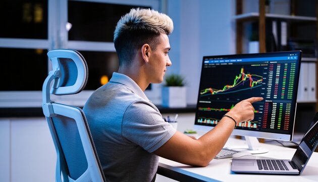 Pointing man in light grey polo analyzing candlestick charts on monitor in home office, with laptop