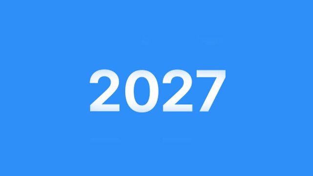2027 rolling text animation, 2026 to 2027 simple countdown animation with blue background, welcome 2027 happy new year animation