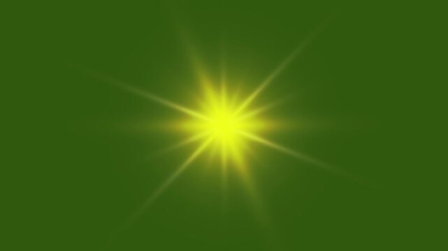 Vibrant yellow light rays on green screen background. Glowing sunburst flash and lens flare light animation, sunrays light effect, sunshine footage for video editing.