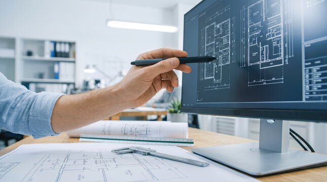 Professional architect analyzes digital floor plans on a desktop monitor while working at a desk with paper technical drawings and drafting tools in a bright office