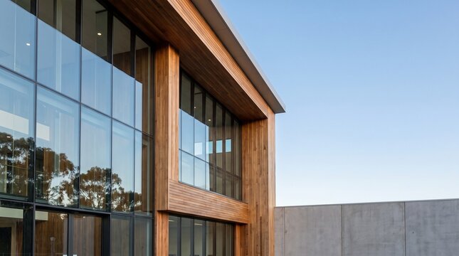 Modern Building Exterior with Timber Cladding and Glass Windows