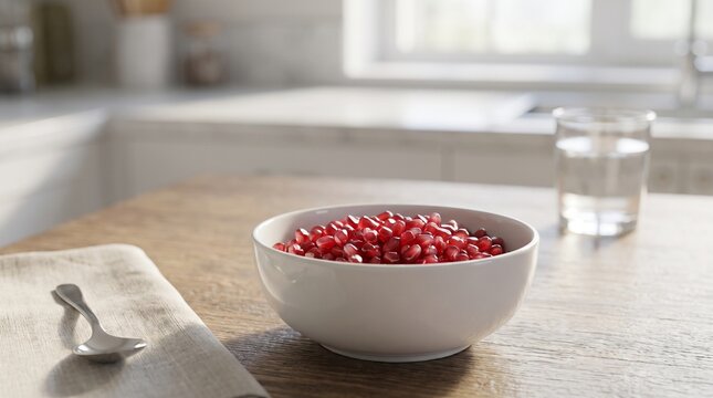 Bowl of Fresh Pomegranate Seeds on Wooden Kitchen Table