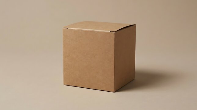 A single empty square cardboard box made of brown paper material sitting on a matching flat surface. Cubic Box Mockup
