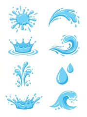 Fototapeta premium Set of Blue Water Splash and Wave Vector Illustrations Isolated on White Background for Graphic Design Projects